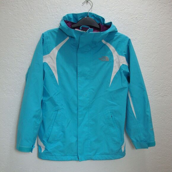 NORTH FACE Windbreaker Jacket Zip Up Mesh Lining Hoodie Blue White Coat Girl M - Picture 1 of 6